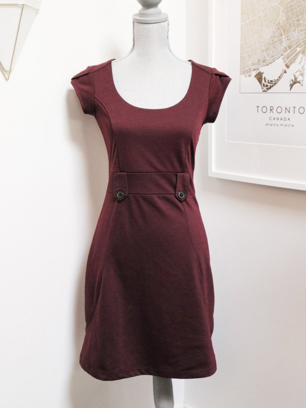 DYNAMITE Burgundy Heather Red Short Sleeve Dress w/ Scoop Neck & Waist Buttons